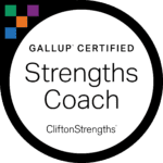 A badge that says gallup certified strengths coach.