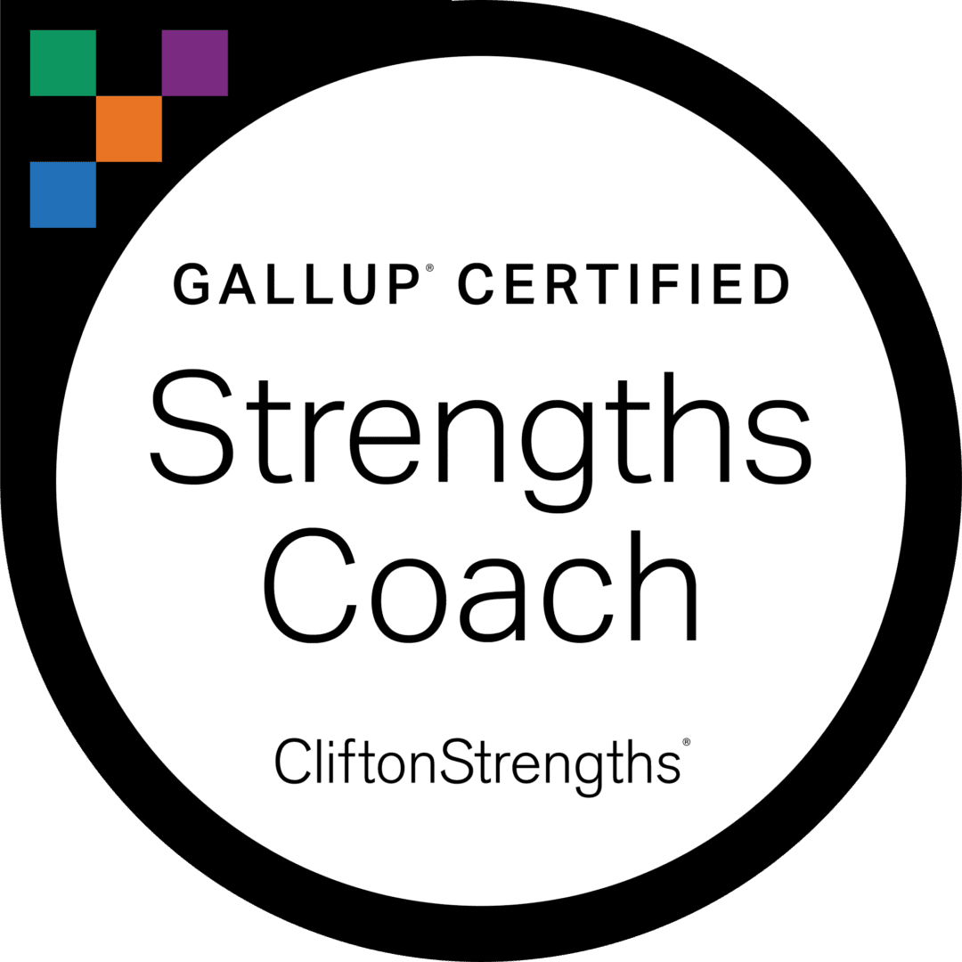 A badge that says gallup certified strengths coach.